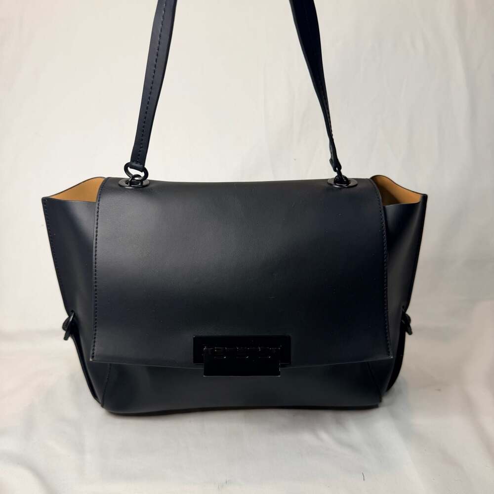 ZAC Zac Posen Black Leather Hinge Lock Iconic Eartha Shoulder Bag Classic Purse